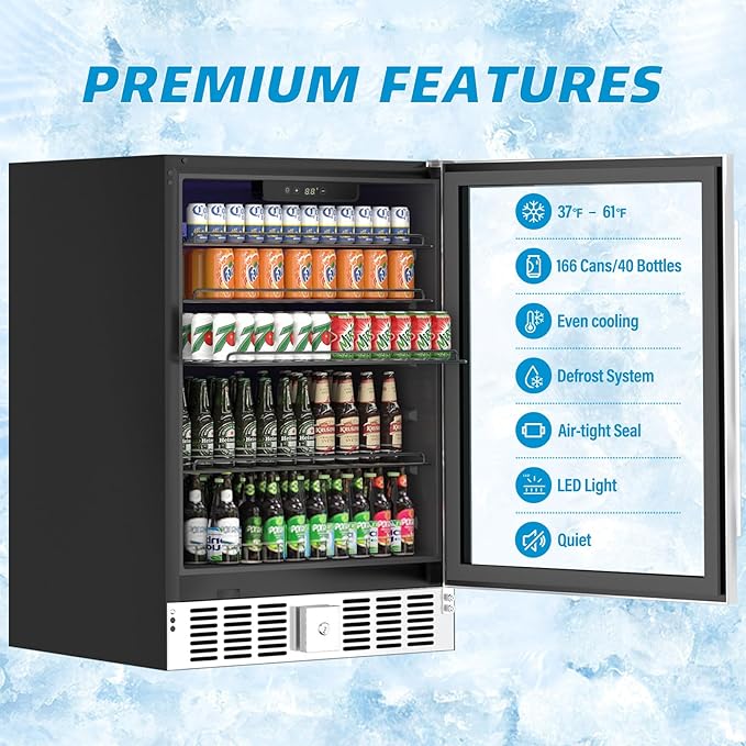 24 inch Beverage Refrigerator, Under Counter Small Refrigerator, 166 Can/5.3 Cubic Large Fridge with Glass Front Door for Soda Wine Beer, Adjustable Temperature Control for Home Office(Silver)