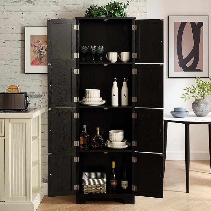 72" H Farmhouse Storage Cabinet, 4 Tier Kitchen Pantry Cabinet with 4 Shelves, 8 Doors Freestanding Floor Storage Cabinet Wooden Organizer Bookcase for Living Room & Kitchen (Black)
