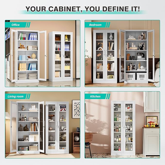 Metal Storage Cabinet with Lock and Glass Doors,Glass Display Cabinet,67" Tall White Storage Cabinets,Locking Curio Cabinets with 5 Shelves for Collectibles,Home,Office,Living Room