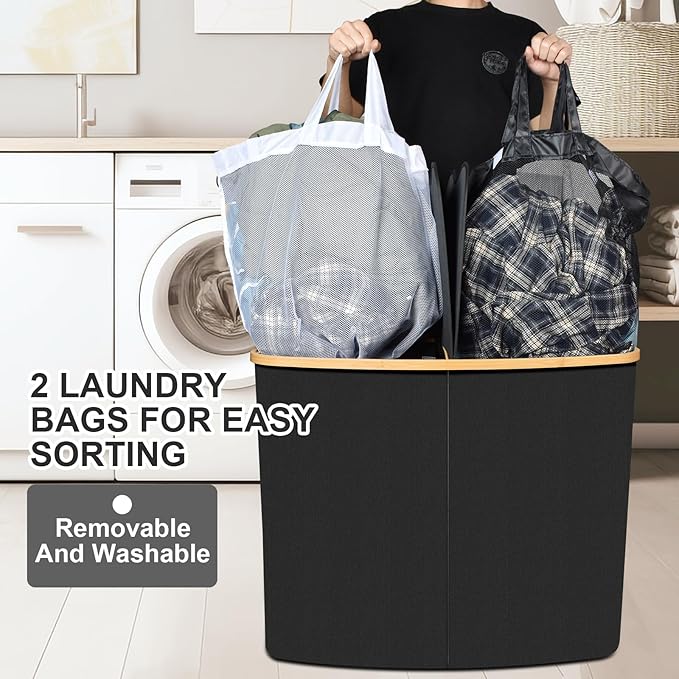 Large Laundry Hamper with Lid 205L,Collapsible 2-Section Dirty Clothes Basket Organizer for Bathroom, Bedroom & Laundry Room - Waterproof, Easy Sort, Foldable Storage Solution