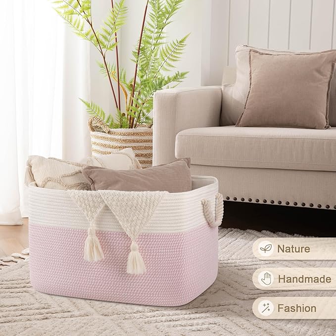 95L Extra Large Blanket Basket with Lid, 24" x 16.9" x 14.2" Woven Storage Basket for Living Room, Rectangle Nursery Blanket Storage for Toys, Towels, Dirty Clothes, Pink & White
