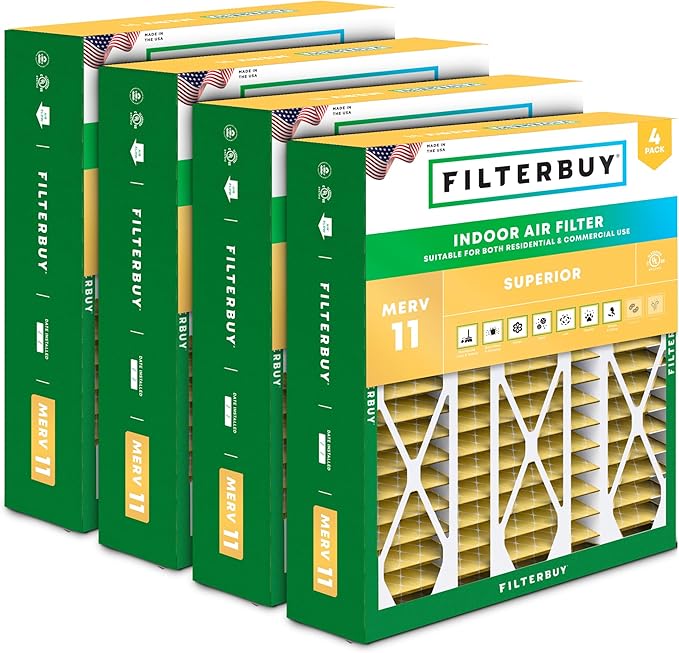Filterbuy 20x25.25x3.5 Air Filter MERV 11 Superior Pet & Allergy Defense (4-Pack), Pleated HVAC AC Furnace Filters for AprilAire Space-Gard 102 & 2120 (Actual Size: 19.94 x 25.38 x 3.75)
