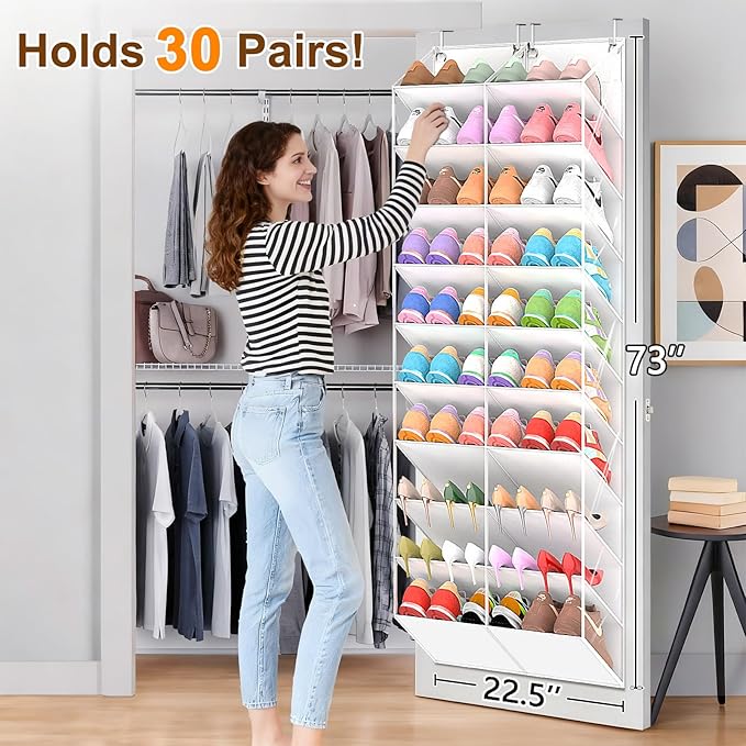 30 Pairs Over the Door Shoe Organizer, Clear Pockets Hanging Shoe Storage for Closet, 10-Tier Door Shoes Rack Storage, Handing Shoes Holder Fit All the Family's Sneakers, Boots, Heels, White