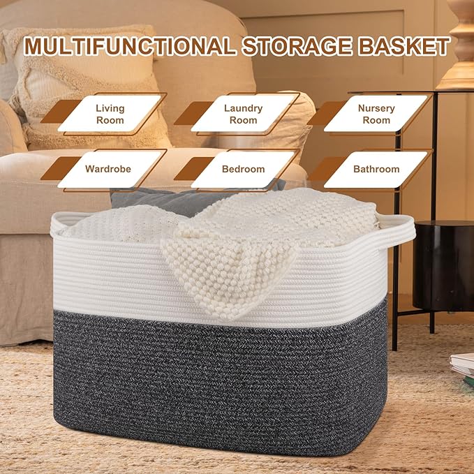 XXXL Supre Large Blanket Basket for Clothes, Towels, Pillows, 108L Cotton Rope Storage Basket for Living Room, Supre Large Woven Toy Storage for Kids, 25" x 16" x 16", Dark Grey and White
