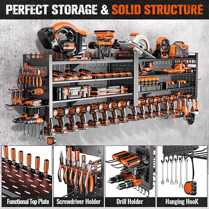 66" W Super Large Power Tool Organizer Wall Mount,Heavy Duty Cordless Tool Organizer with 18 Drill Holder,600 Lbs Capacity 4-Layer Garage Organization for Garage and Workshop (Black)