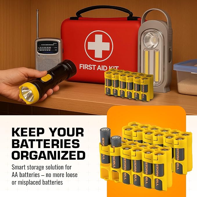 Storacell AA-12 Battery Storage Caddy and Dispenser (Pack of 2), Yellow, Holds 12 AA Batteries (Not Included), Durable & Compact Design, The Original Battery Caddy, Made in The USA