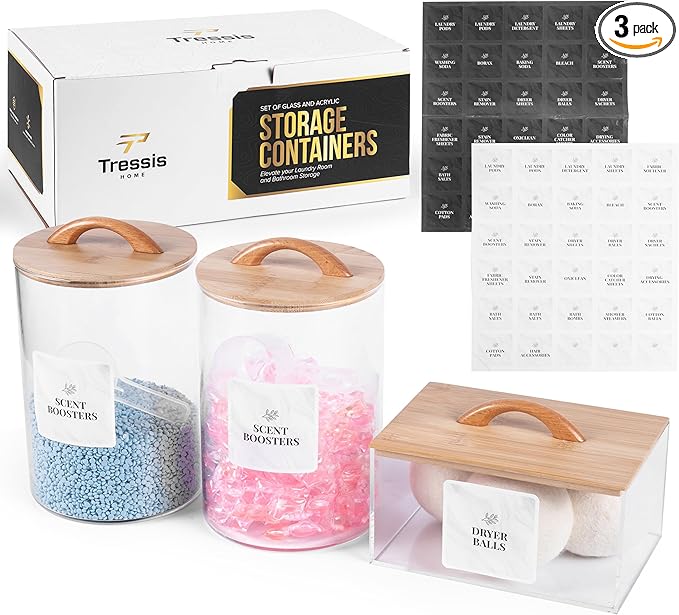 Laundry Pod Storage Container Set | Two 3L Glass Jars & One Acrylic Dryer Sheet Container with Bamboo Lids – Includes 2 Scoops, 60 Waterproof Laundry Labels – Dishwasher Safe