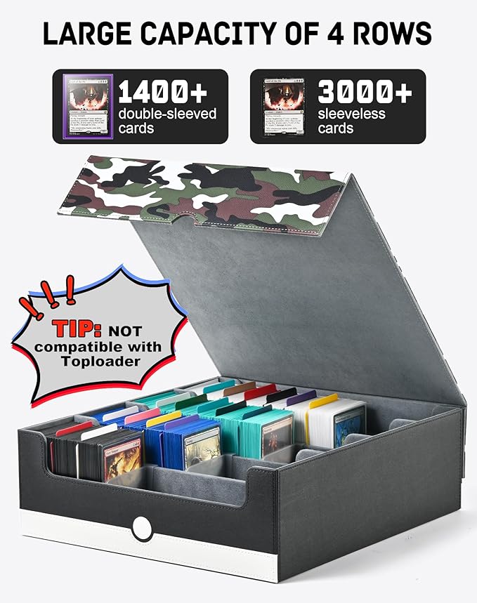 ZLCA Card Storage Box for MTG PTCG, Commander Deck Box Holds 3200+, Deck Storage Case with 4 Stoppers(Camouflage& White)