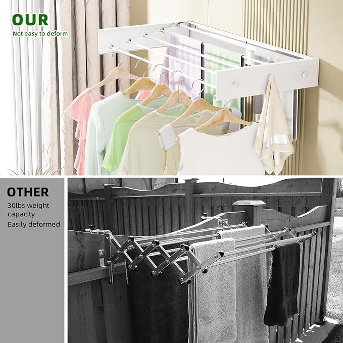 Wall Mounted Drying Rack for Laundry 31.5'', Folding Clothes Drying Rack Wall Mount with 5 Rods and 6 Hooks, Space Saving Collapsible Towel Rack for Indoor Outdoor Bathroom Balcony (White, 31.5'')