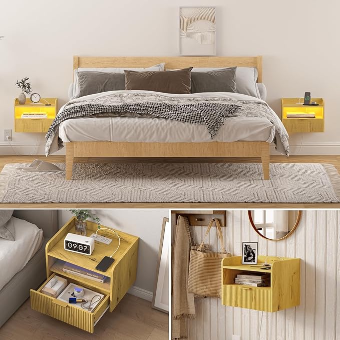 Floating Nightstand with Charging Station and LED Lights (Yellow Oak)