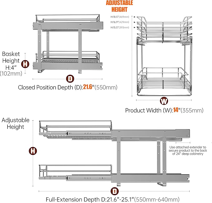2-Tier Cabinet Pull Out Shelves (14" W x 22" D), Slide Out Shelves for Kitchen Cabinets, Metal Under Cabinet Roll Out Shelf