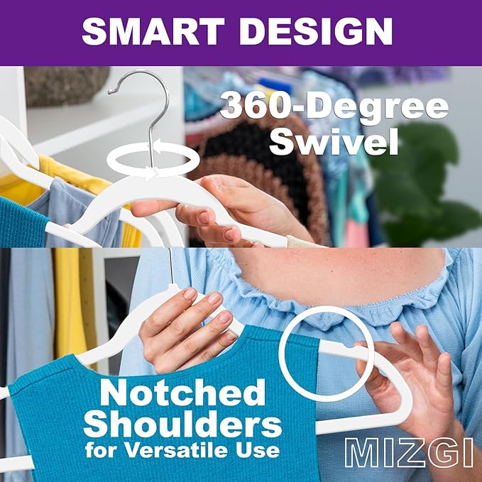 Hangers 50 Pack - Non-Velvet White Plastic Hangers for Clothes -Heavy Duty Slim Coat Hanger -Space-Saving Closet with Chrome Hook,Non-Flocked for Dresses Coats Shirts Jackets