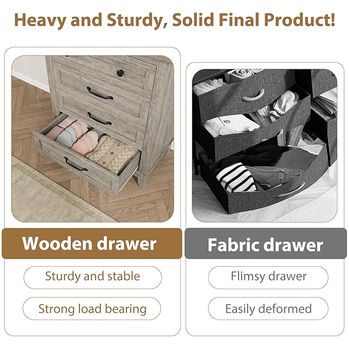 GarveeHome 4 Dresser for Bedroom, 34.8 in Tall Vertical Drawer Dresser with Large Storage, Freestanding Wooden Closet Chest for Bedroom, Living Room, Grey