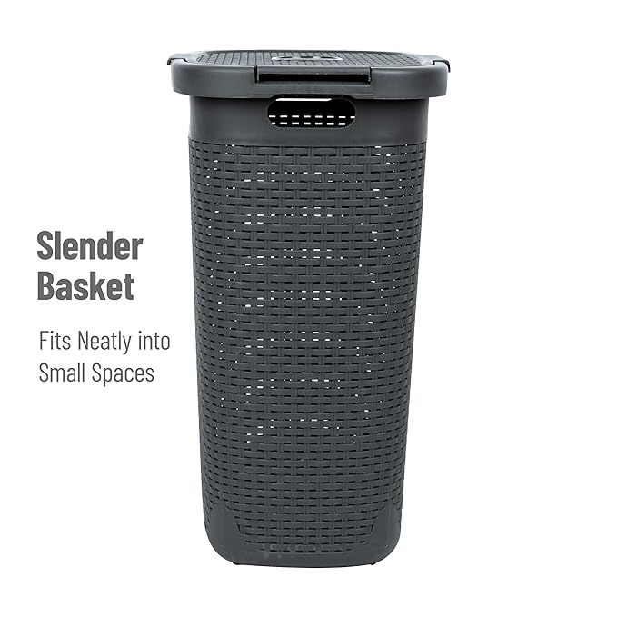Mind Reader Slim Laundry Hamper with Lid, 60L Clothes Basket, Premium Wicker Design, Plastic, Gray