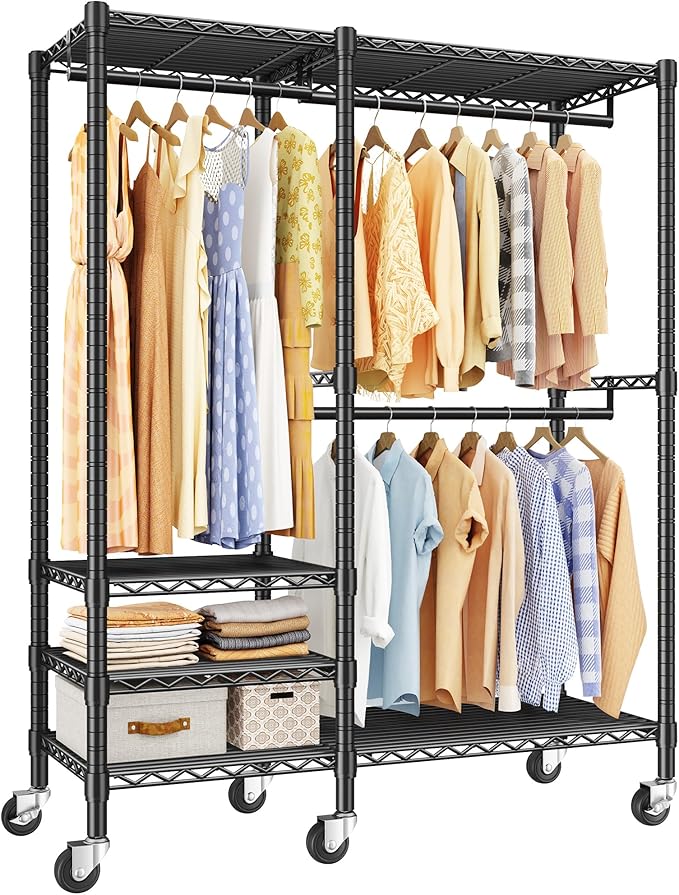 Raybee 79" H Clothes Rack, Clothing Racks for Hanging Clothes, Portable Closet with Wheels and 4 Tiers Adjustable Shelves, Black
