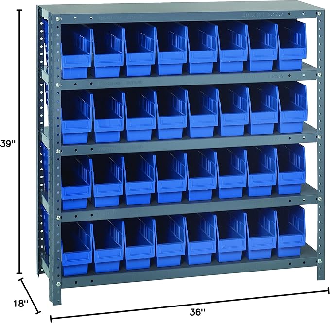Quantum Storage Systems 1839-203BL Store More Steel Shelving Unit with 6" Shelf Bins, 18" D x 36" W x 39" H, Blue