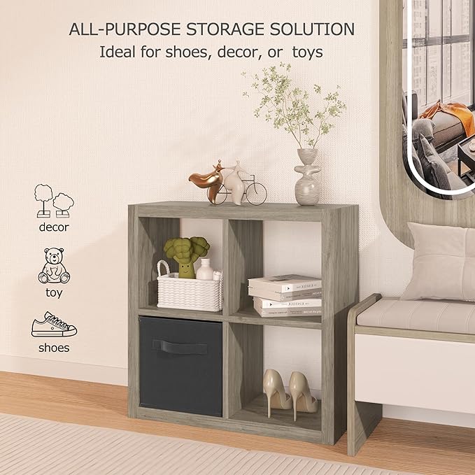 4 Cube Organizer, Cube Storage Organizer with Fabric Bin, Cube Storage Shelf for Bedroom, Living Room, Office, Modular Bookshelf Organizer for Books, Closet, Gray Oak