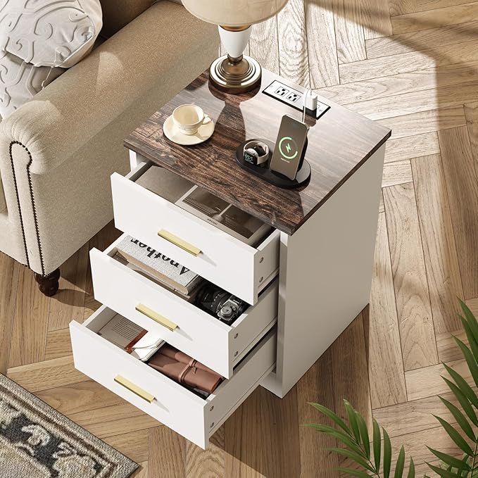 LIDYUK Dresser for Bedroom, Wood Dresser with 3 Drawers, Modern Minimalist Dressers & Chest of Drawers, 21 Inches Tall Side Table Nightstand with Charging Station, for Bedroom, Living Room, White