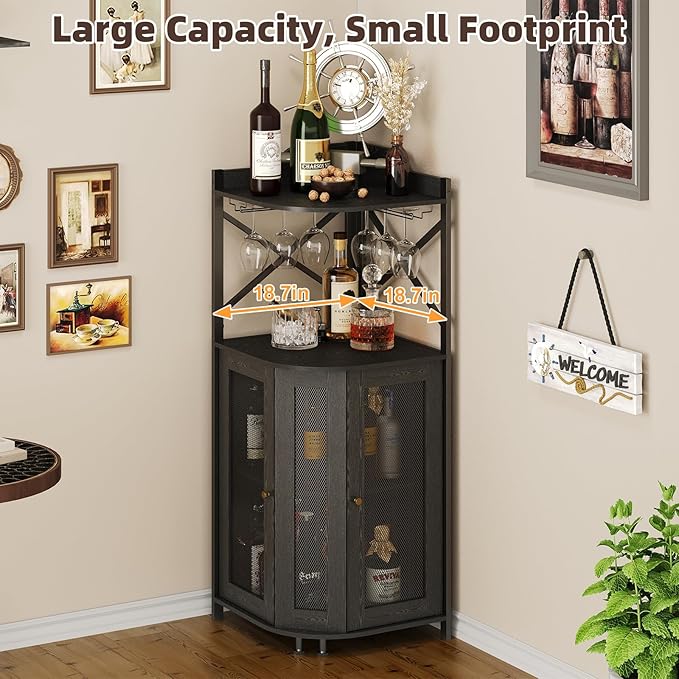 JKsmart Corner Bar Cabinet with Glass Holder, 4-Tier Industrial Wine Bar Cabinet with Door, Liquor Cabinet Bar for Home, Farmhouse Corner Storage Cabinet with Shelf for Coffee Bar, Black