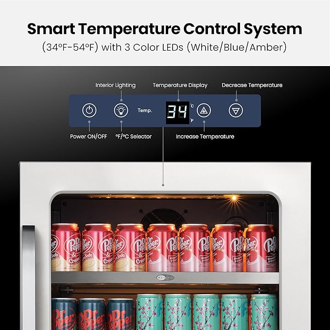 Whynter Beverage Refrigerator 24 Inch Drink Fridge with Glass Door Beverage Cooler 140 Cans Under Counter Beverage Fridge Freestanding 3 LED 34-54°F for Beer Home Bar Premium Series 5.65 cu.ft