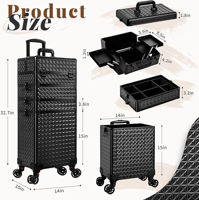 AROUS 5 in 1 Rolling Makeup Train Case Cosmetology Case on Wheels Large Cosmetic Organizer Travel Cart for Hairstylist Artist Nail Beauty Salon Barber,Black