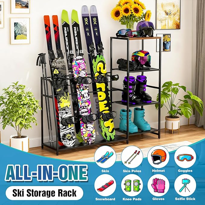 Ski-Snowboard Storage Rack Holder - Freestanding Ski Equipment Organizer Snowboard Boot Stand Garage Gear Storage