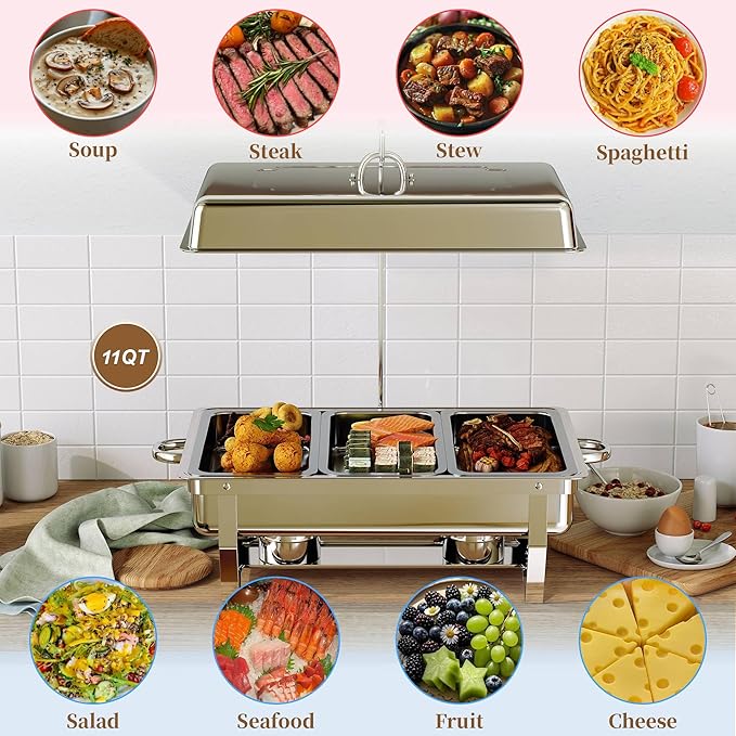 Chafing Dishes Buffet Set for Food Warming and Serving,11QT Stainless Steel Party Trays Warmers for Catering,Weddings,Events with Display and Rolled Edge Design,1 Pack, 3 Compartment