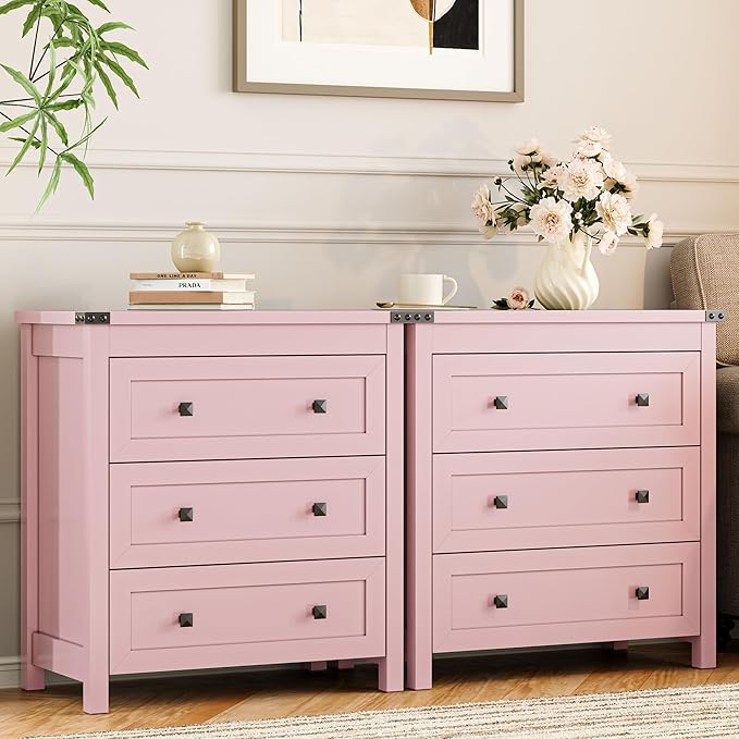 Dresser for Bedroom with 3 Drawers, Small Chests of Drawers, 27.55" Wide Farmhouse Wood Nightstand Bedside Cabinet End Table, Modern Closet Storage Organizer for Living Room, Entryway, Hallway, Pink