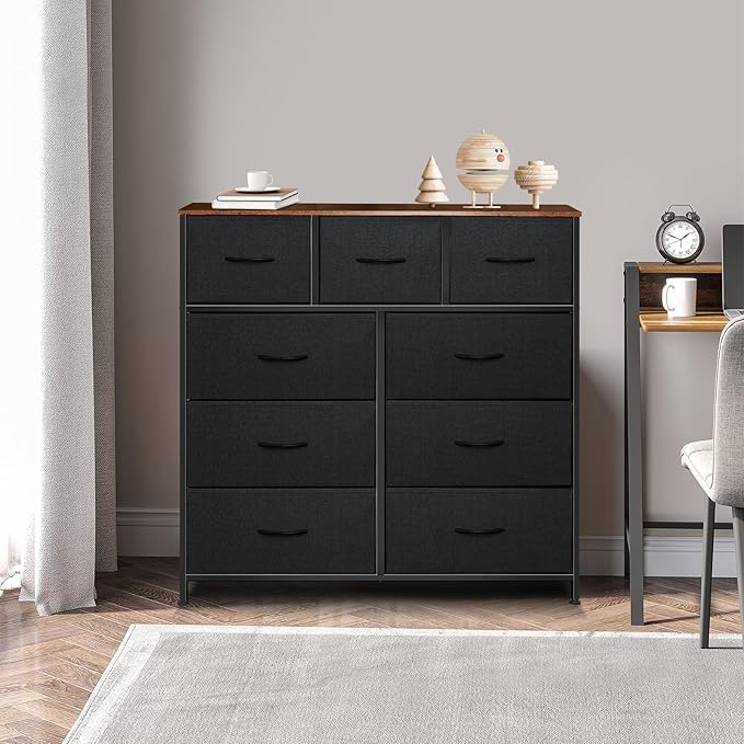 Dresser for Bedroom with 9 Drawers, Chest of Drawers, Storage Drawers Organizer Unit, Black Wide Fabric Dresser with Fabric Bins for Closet, Living Room, Entryway (Black and Rustic Brown)