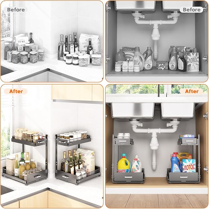 Under Sink Organizer,2 Tier Slide Out Kitchen Cabinet Organizers with Pulley,Under Bathroom Sink Pull Out Organizer with Multiple Height Adjustments for Kitchen and Bathroom Cabinets (Gray)