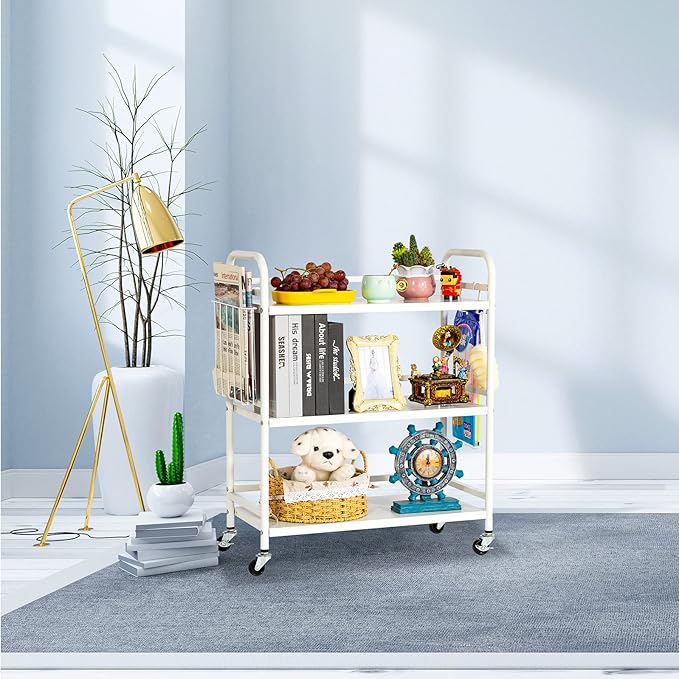HDANI 3 Tier Metal Rolling Utility Cart,High Capacity Multi Purpose Heavy Duty Cart for Office,Kitchen,Living Room,Bedroom,White