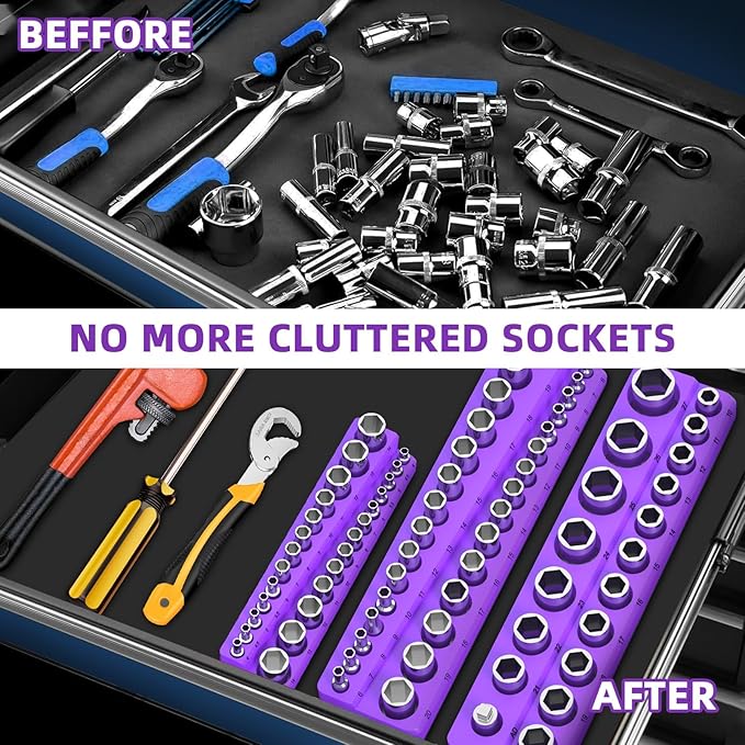 Magnetic Socket Organizer Set, 3-Piece Socket Holder Trays for 1/4" 3/8" 1/2" Drive Sockets, Organizes 68 Metric Sockets, Purple Tool Box Organizer (Sockets Not Included)