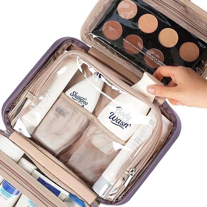 NISHEL Travel Toiletry Bag for Women, Makeup Essentials Organizer, Hanging Case for Accessories, Cosmetics, Medium Size, Purple