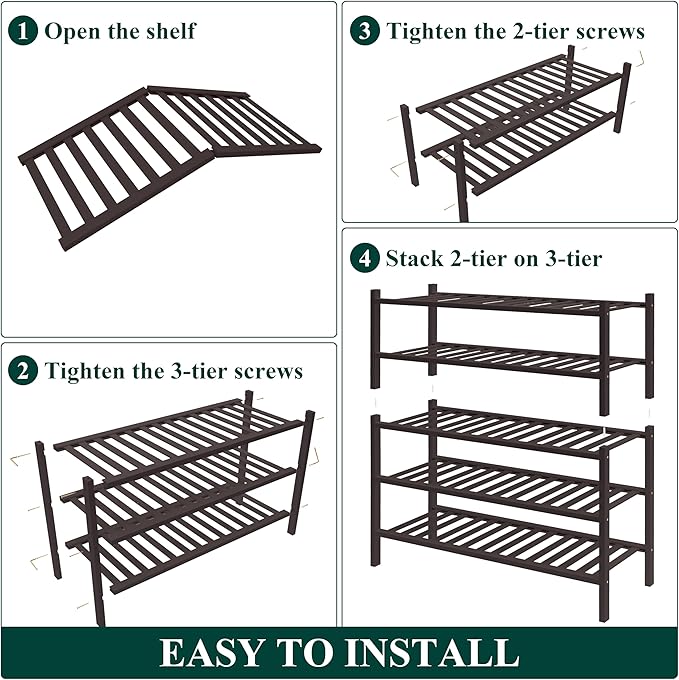Smiry Bamboo Shoe Rack for Closet, 5 Tier Wooden Stackable Shoe Organizer, Free Standing Shoes Storage Shelf for Entryway, Front Door Entrance, Brown