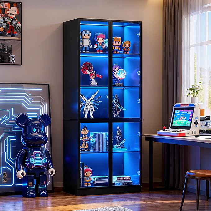 79'' Tall Glass Display Cabinet with LED Lights,Showcase with Glass Doors,5-Tier Curio Cabinet for Collectibles Bookcase,Storage Shelf, Bookcase (Black- 5 Layers, Large)