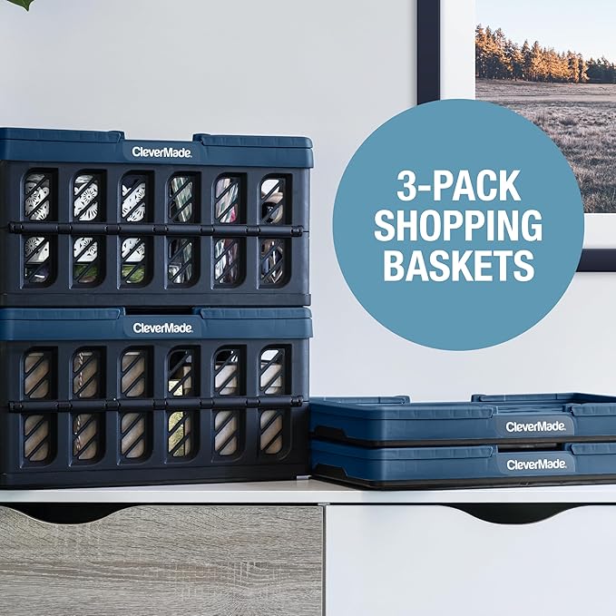 CleverMade Collapsible Shopping Basket, Stone, 3PK - 24L (6 Gal) Reusable Plastic Grocery Shopping Baskets, Holds 25lbs Per Basket - Small Foldable Storage Crates with Handles