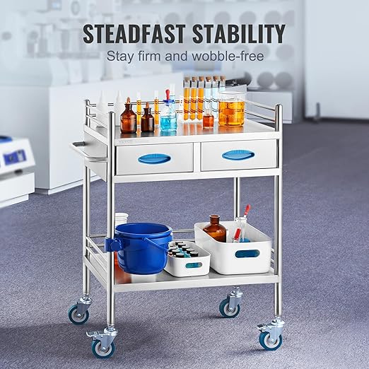 VEVOR Lab Serving Cart Utility Cart Stainless Steel Medical Cart with Two Drawers for lab Equipment Use Grade I Stainless Steel Utility Services (2 Shelves/ 2 Drawer)