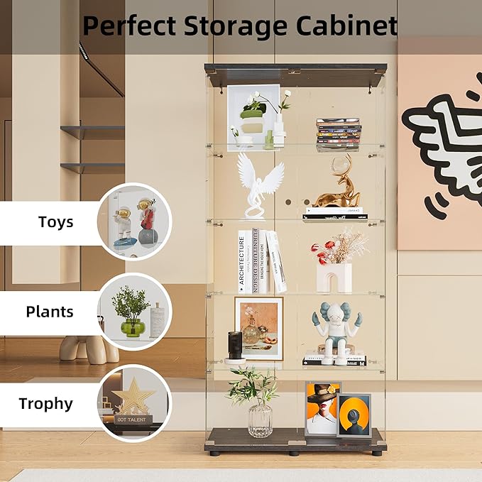 Beauty4U Glass Display Cabinet with 5 Shelves Double Door, Curio Cabinets for Living Room, Bedroom, Office, Black Floor Standing Glass Bookshelf, Quick Installation