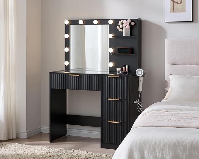 AMERLIFE 36.2" Fluted Vanity Desk with Mirror and Adjustable LED Lights, Large 4 Drawers Makeup Table with Glass Top and Charging Station for Women and Girls, Bedroom or Dorm, Black