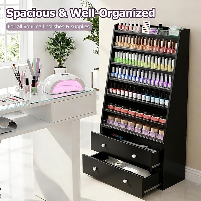 Nail Polish Rack with 2 Drawers, Salon Display & Storage Cabinet with Acrylic Baffle, Holds 700+ Bottles of Polishes, Essential Oils & Perfumes, Suitable for Nail Salon & Beauty Store, Black
