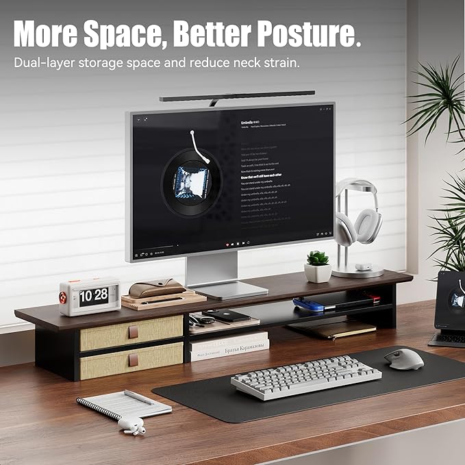 Dual‑Tier Monitor Stand Riser with Drawers, Desktop Organizer Shelf Storage for Computer Screen 2 Monitors, Supports for PC Computer Monitor, Printer, Heavy TV Riser Brown and Black