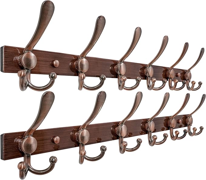 Dseap Coat Rack Wall Mount 2.0 Pro: 24” Long, 3X Tougher, Heavy Duty Stainless Steel Wall Coat Hanger with 6 Tri Hooks for Clothes Jackets Hats Entryway Closet, Antique Copper, Pack of 2