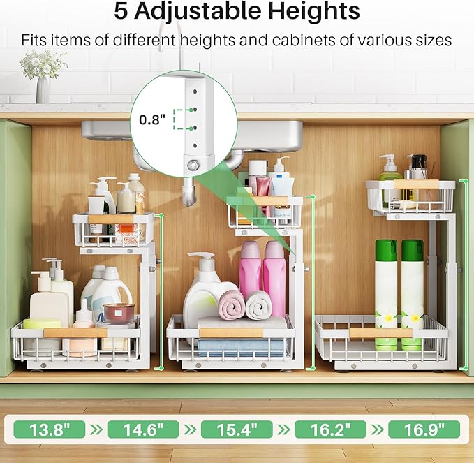 Under Sink Organizer, 2 Packs 2 Tier Under Sink Organizers and Storage, Slide out Pull out Cabinet Organizer Shelf, Metal Sliding Drawer for Kitchen Bathroom Pantry Closet Rack(White)