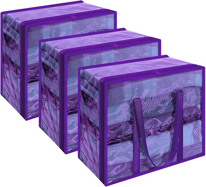 Vieshful 90L Clear Clothes Storage Bag Colorful Clothes Organizer with Zipper Vinyl Storage Bag for Comforter, Blanket, Bedding, Duvet, Transparent Moving Totes 3 Pack, Purple