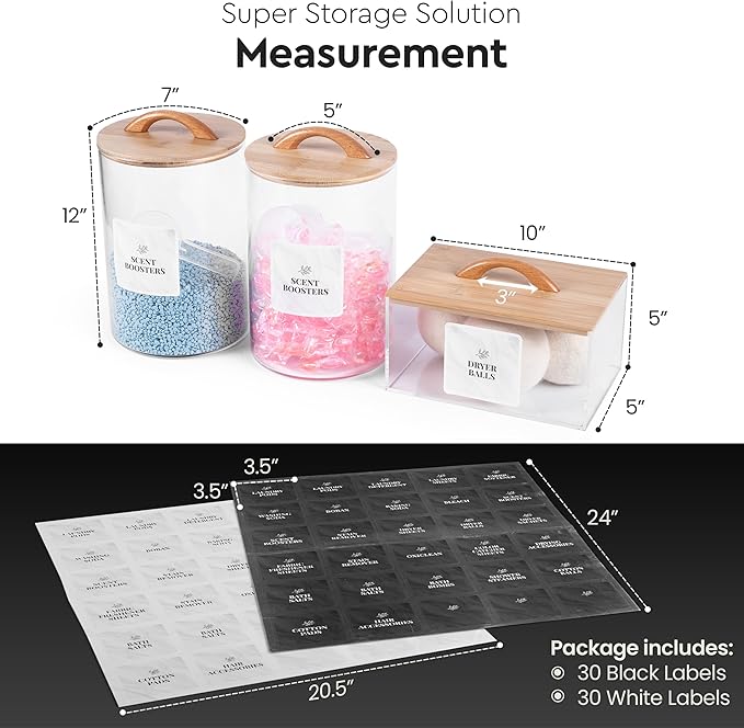 Laundry Pod Storage Container Set | Two 3L Glass Jars & One Acrylic Dryer Sheet Container with Bamboo Lids – Includes 2 Scoops, 60 Waterproof Laundry Labels – Dishwasher Safe