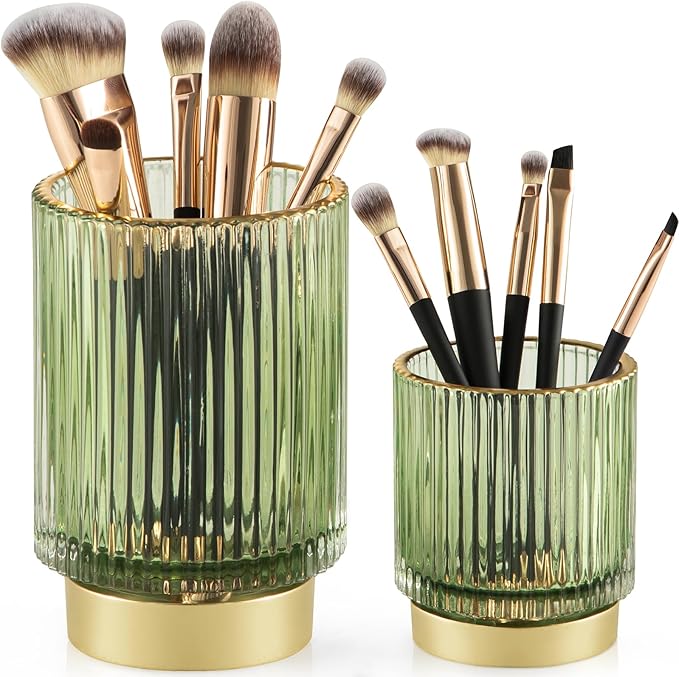 CANITORON Makeup Brush Holder,2 Pack Glass Makeup Brush Holder Organizer Store Cosmetic Tools,Eyeliner,Storage Organizer for Vanity,Bathroom and Bedroom Countertop Storage.(Green S+L)