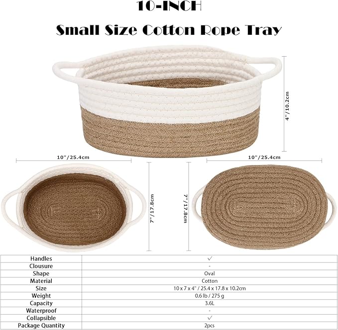 Sea Team 2-Pack Cotton Rope Baskets, 10 x 7 x 4 Inches Small Woven Storage Basket, Fabric Tray, Bowl, Oval Open Dish for Fruits, Jewelry, Keys, Sewing Kits (Flaxen & White)