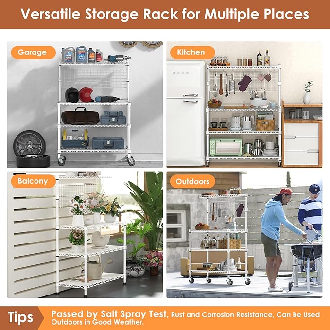 Leteuke Bakers Rack with Storage & Wheels, 42 Inch Microwave Stand Kitchen Shelves, 4-Tier Heavy Duty Microwave Cart Storage Rack with 20 S-Hooks, Metal Utility Kitchen Cart, 42× 18× 63 Inch, White