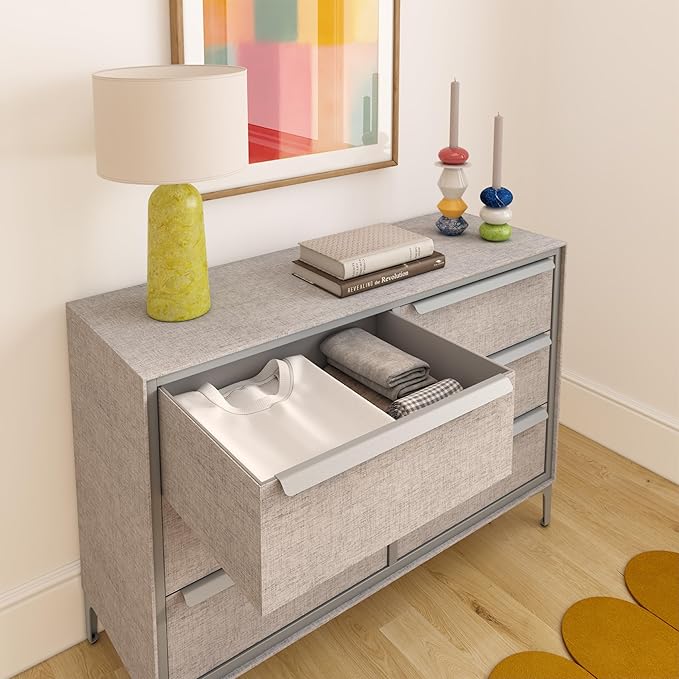 Naima Premium Fabric Dresser - Strong Metal Frame, 6 Spacious Sag-Proof Drawers with Sleek Metal Handles - Premium & Durable Storage Solution for Your Home (Silver)