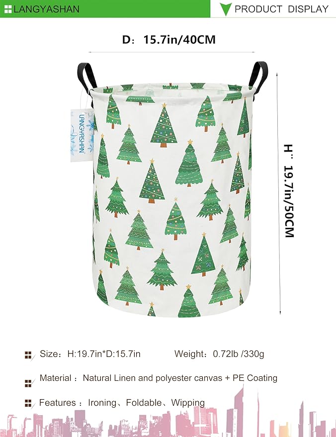 LANGYASHAN Laundry Basket Canvas Fabric Collapsible Organizer Basket for Storage Bin Toy Bins Gift Baskets Bedroom Clothes Children Nursery Hamper (Christmas Tree)